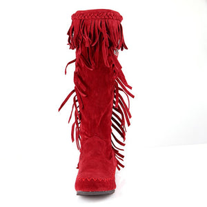 red Women's vintage faux suede fringed and studded western boots