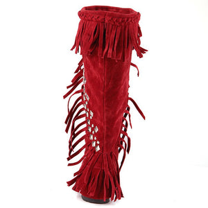 red Women's vintage faux suede fringed and studded western boots