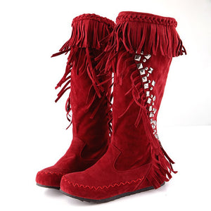 red Women's vintage faux suede fringed and studded western boots