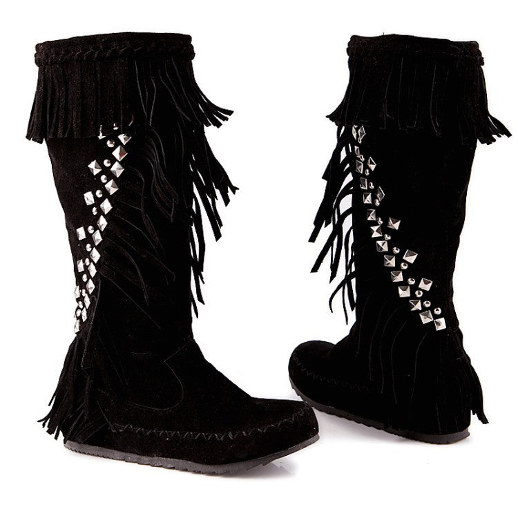 black Women's vintage faux suede fringed and studded western boots