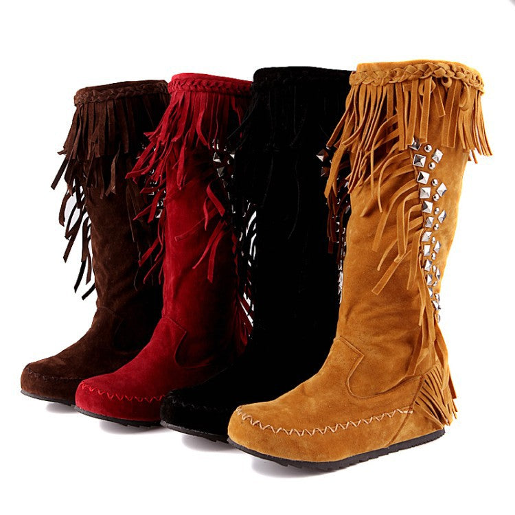 Women's vintage faux suede fringed and studded western boots