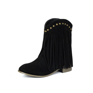 black Women's vintage faux suede fringed cowboy boots with studs