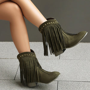Women's vintage faux suede fringed cowboy boots with studs