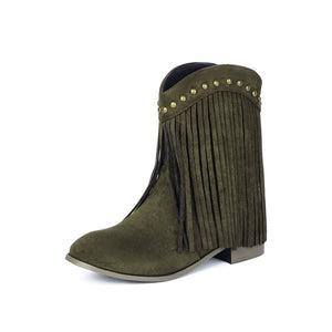 green Women's vintage faux suede fringed cowboy boots with studs