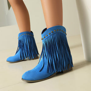 Women's vintage faux suede fringed cowboy boots with studs