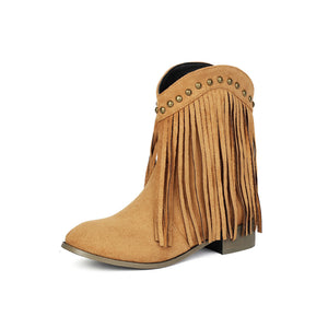 Women's vintage faux suede fringed cowboy boots with studs