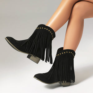 black Women's vintage faux suede fringed cowboy boots with studs