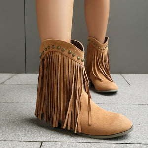 Women's vintage faux suede fringed cowboy boots with studs