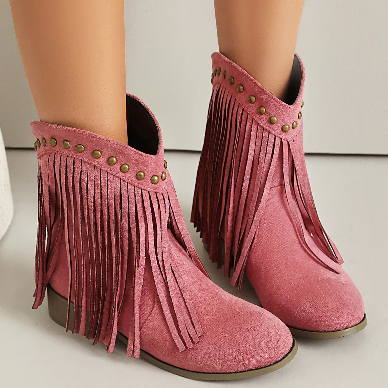 Women's Fringe Cowboy Boots – Faux Suede With Studded Western Detail