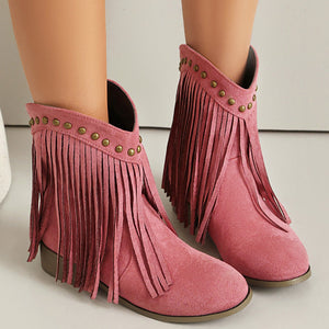 Women's vintage faux suede fringed cowboy boots with studs