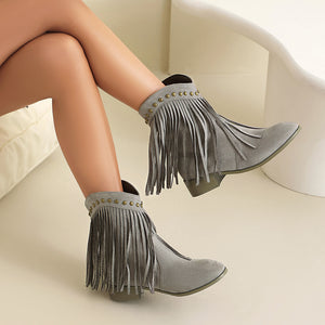 gray Women's vintage faux suede fringed cowboy boots with studs