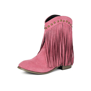 pink Women's vintage faux suede fringed cowboy boots with studs