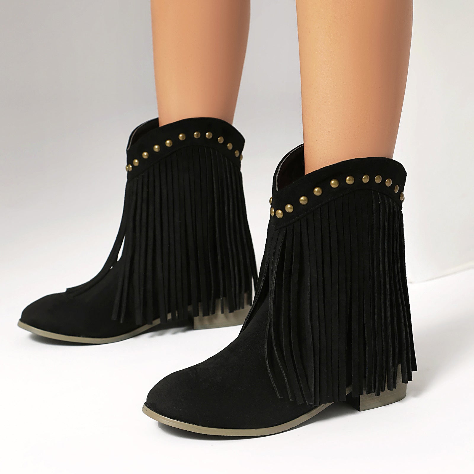 Women's vintage faux suede fringed cowboy boots with studs