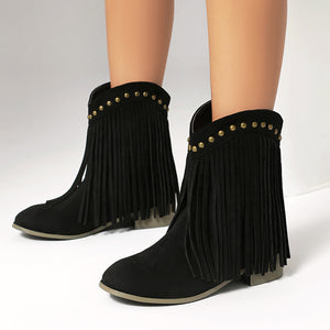 Women's vintage faux suede fringed cowboy boots with studs