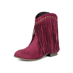 burgundy Women's vintage faux suede fringed cowboy boots with studs