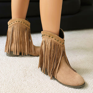 Women's vintage faux suede fringed cowboy boots with studs