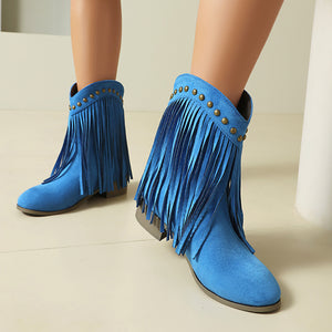 blue Women's vintage faux suede fringed cowboy boots with studs