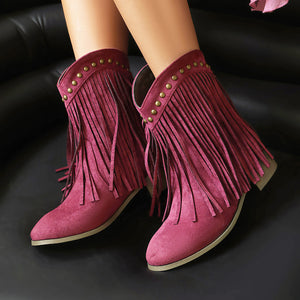 burgundy Women's vintage faux suede fringed cowboy boots with studs