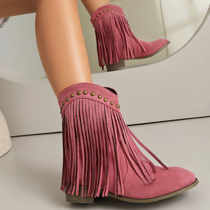 pink Women's vintage faux suede fringed cowboy boots with studs