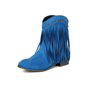 blue Women's vintage faux suede fringed cowboy boots with studs