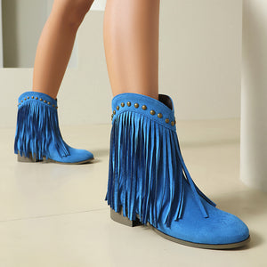 blue Women's vintage faux suede fringed cowboy boots with studs