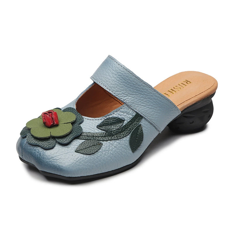 Women's vintage flower decor wide square toe closed toe mules