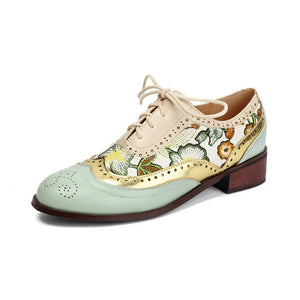 green Women's vintage flower embroidery wingtips oxfords shoes