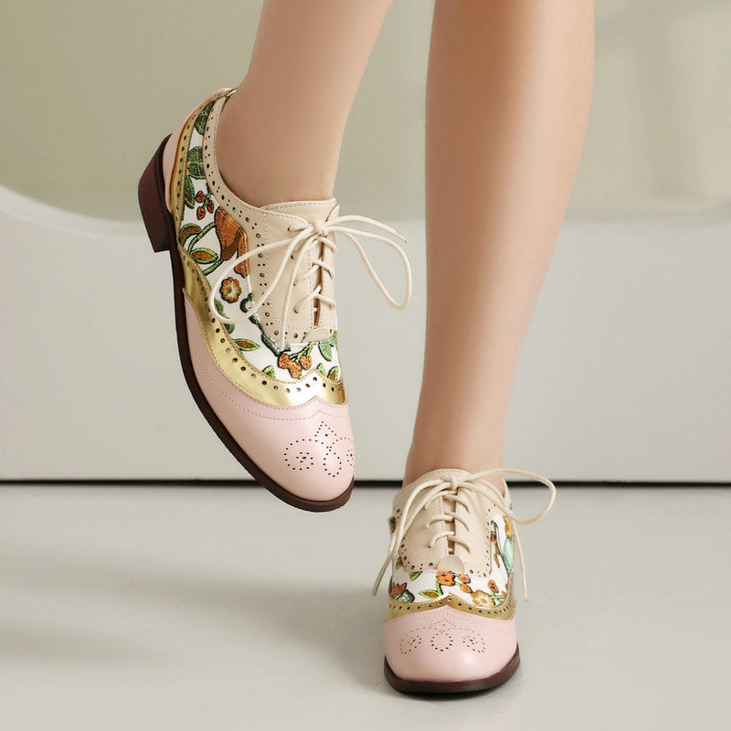 pink Women's vintage flower embroidery wingtips oxfords shoes