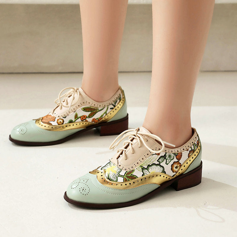 green Women's vintage flower embroidery wingtips oxfords shoes