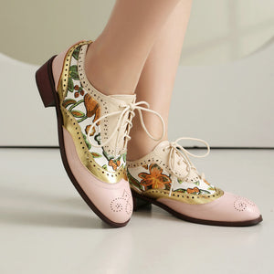 Women's vintage flower embroidery wingtips oxfords shoes