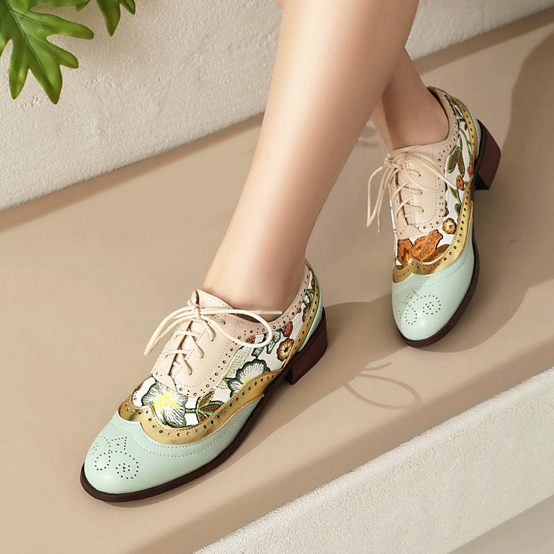 green Women's vintage flower embroidery wingtips oxfords shoes