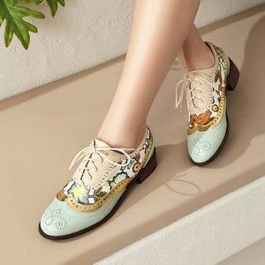 green Women's vintage flower embroidery wingtips oxfords shoes