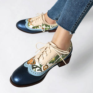 blue Women's vintage flower embroidery wingtips oxfords shoes