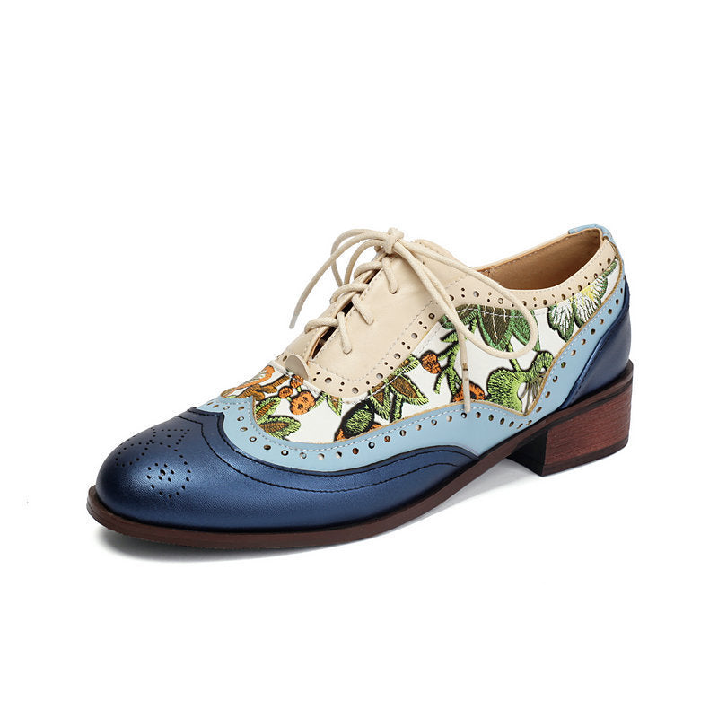 blue Women's vintage flower embroidery wingtips oxfords shoes