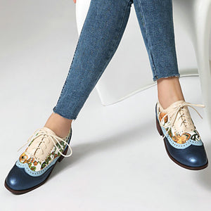 blue Women's vintage flower embroidery wingtips oxfords shoes