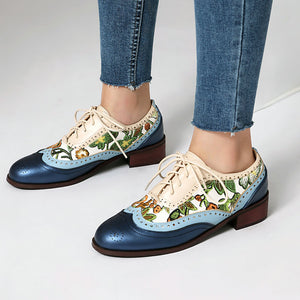 Women's vintage flower embroidery wingtips oxfords shoes