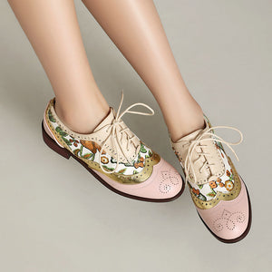 pink Women's vintage flower embroidery wingtips oxfords shoes