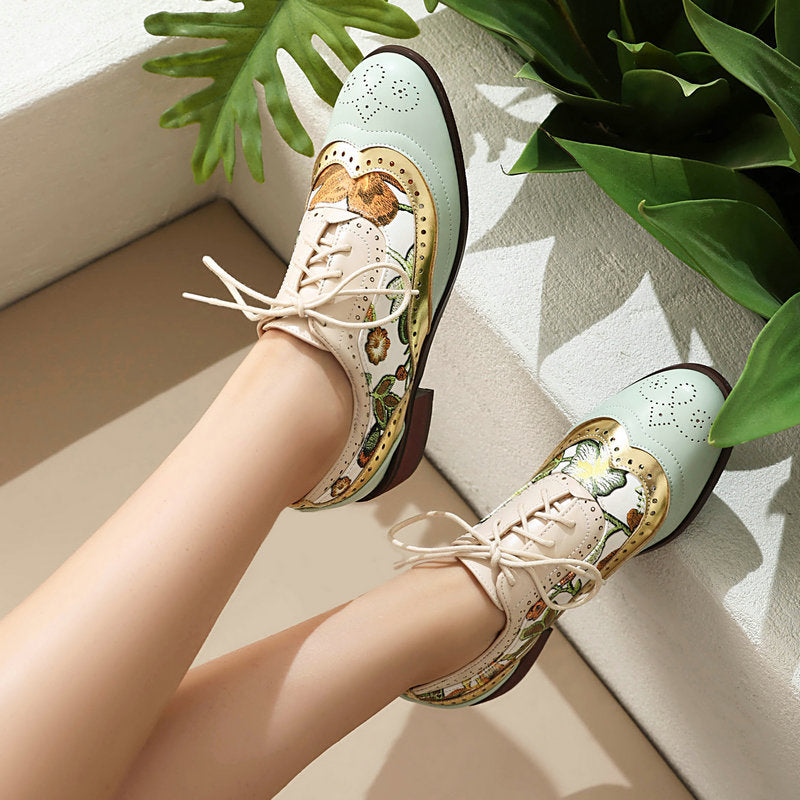 green Women's vintage flower embroidery wingtips oxfords shoes