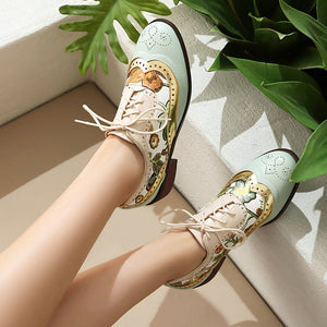 green Women's vintage flower embroidery wingtips oxfords shoes