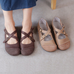 coffee Women's vintage genuine leather cross straps flats