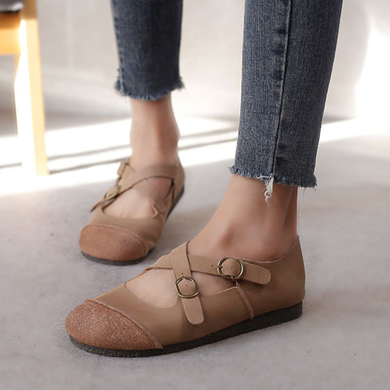 beige Women's vintage genuine leather cross straps flats