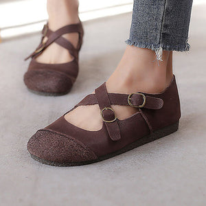 coffee Women's vintage genuine leather cross straps flats