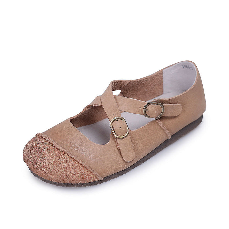 beige Women's vintage genuine leather cross straps flats