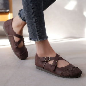 Women's vintage genuine leather cross straps flats