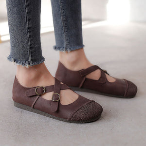 coffee Women's vintage genuine leather cross straps flats