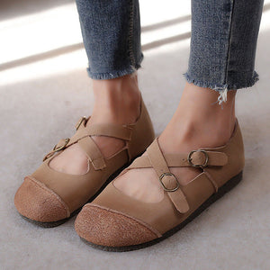 Women's vintage genuine leather cross straps flats