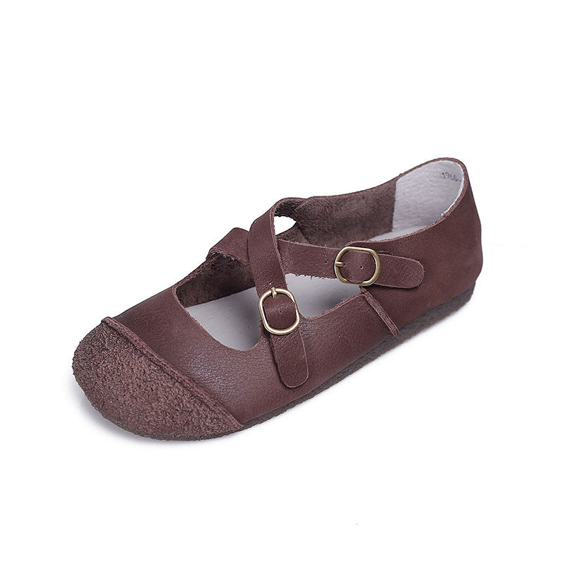 coffee Women's vintage genuine leather cross straps flats