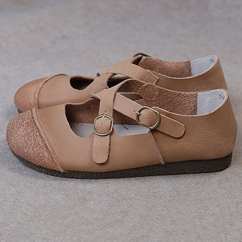 beige Women's vintage genuine leather cross straps flats