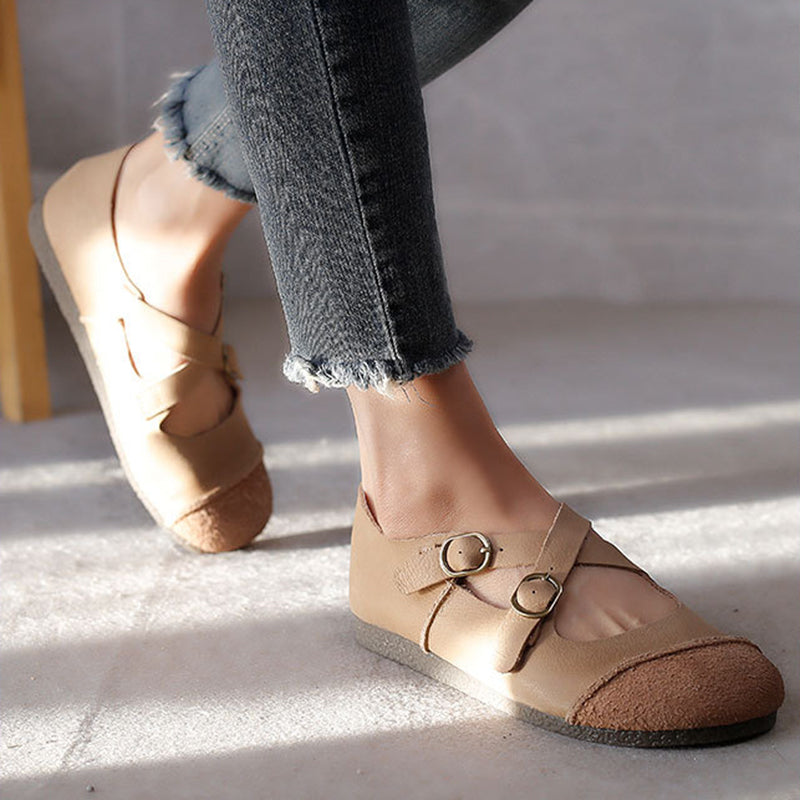 beige Women's vintage genuine leather cross straps flats