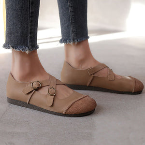 beige Women's vintage genuine leather cross straps flats
